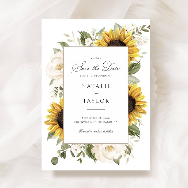 Sunflowers White Floral Greenery Save the Date Invitation (Creator Uploaded)