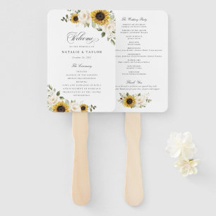 Sunflowers White Flowers Greenery Wedding Program Hand Fan