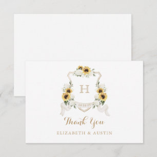 Sunflowers White Hydrangea Crest Wedding Monogram Thank You Card