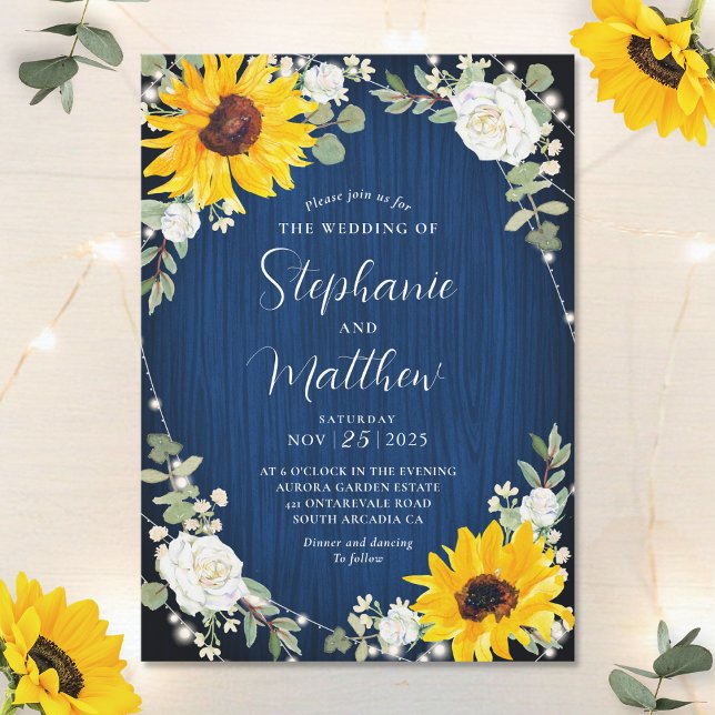 Sunflowers White Roses Navy Lights Wood Wedding Invitation (Creator Uploaded)