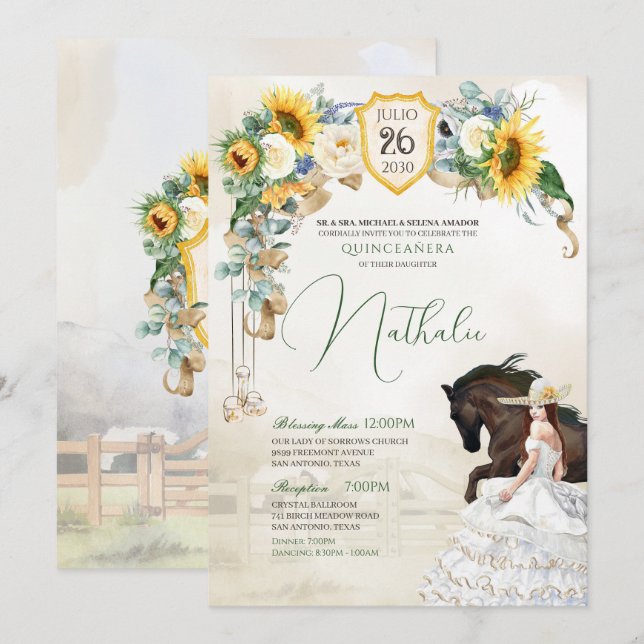 Sunflowers & White Roses Rustic Charro Quinceanera Invitation (Front/Back)