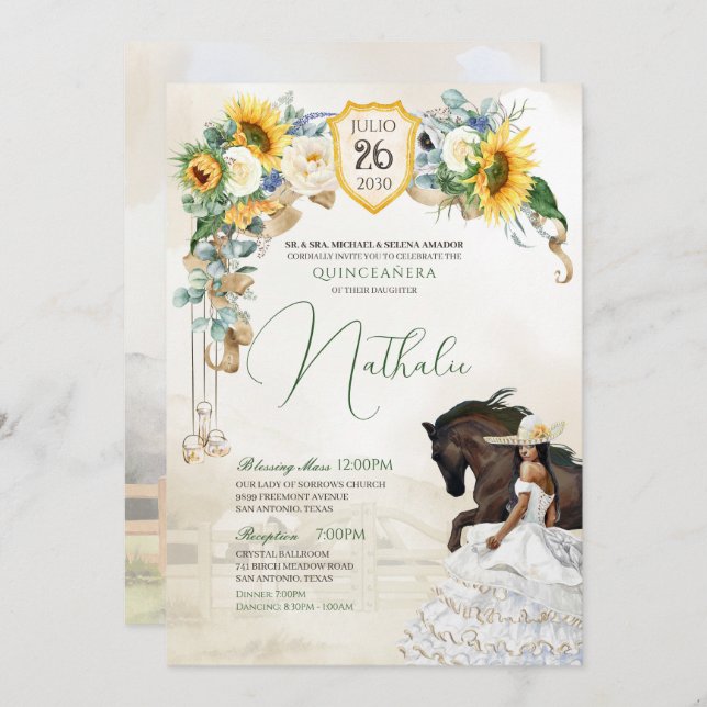 Sunflowers White Roses Western Charro Quinceanera Invitation (Front/Back)