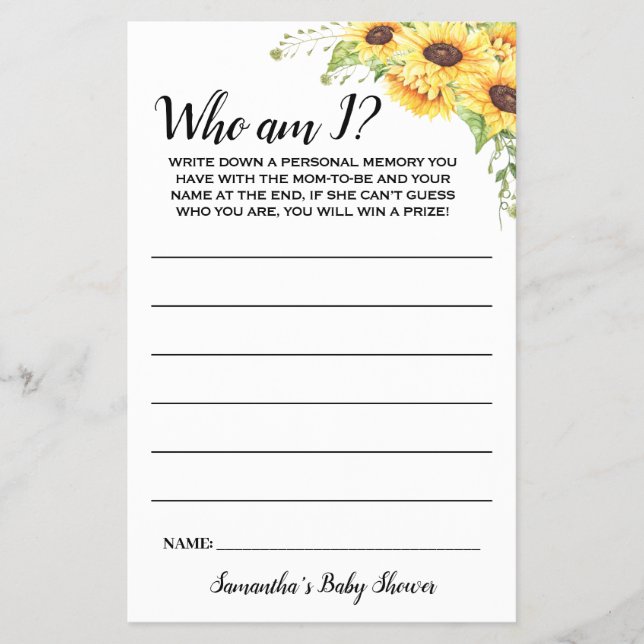 Sunflowers Who am I Baby Shower Game Card (Front)