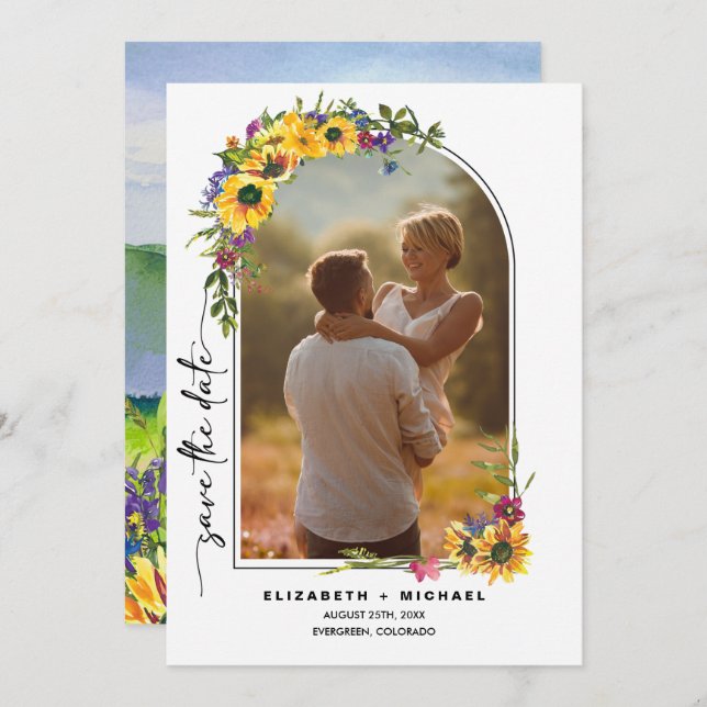 Sunflowers | Wild Meadow Summer Wedding Photo Save The Date (Front/Back)