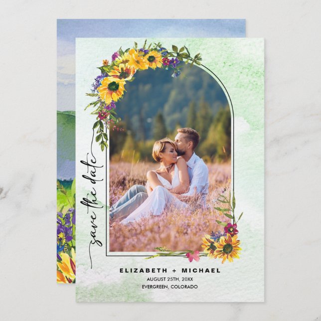 Sunflowers | Wild Meadow Summer Wedding Photo Save The Date (Front/Back)