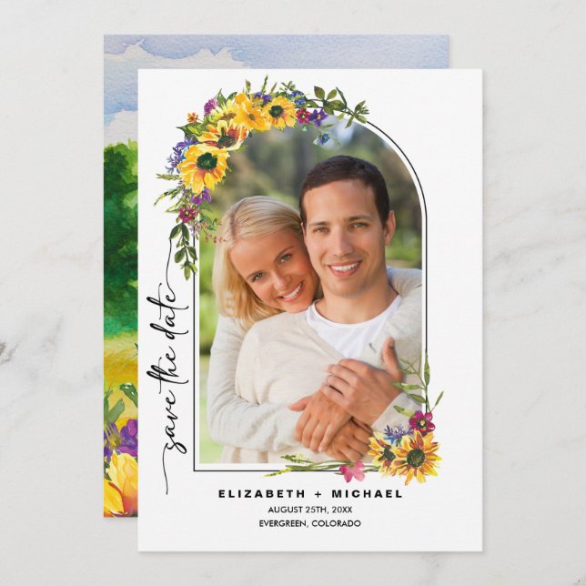 Sunflowers | Wild Meadow Summer Wedding Photo Save The Date (Front/Back)