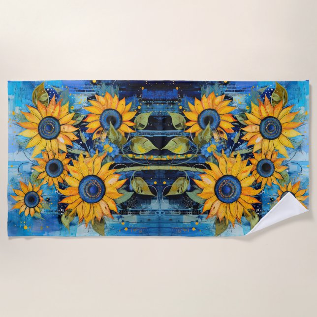 Sunflowers Wildflowers Flower Mixed Media Design Beach Towel (Front)