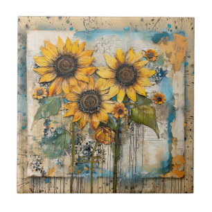 Sunflowers Wildflowers Flower Mixed Media Design Ceramic Tile