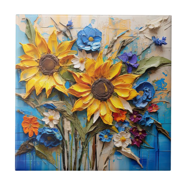 Sunflowers Wildflowers Flower Mixed Media Design Ceramic Tile (Front)