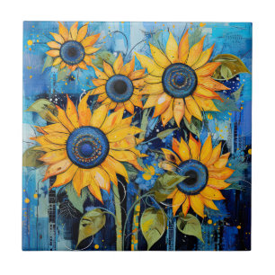 Sunflowers Wildflowers Flower Mixed Media Design Ceramic Tile