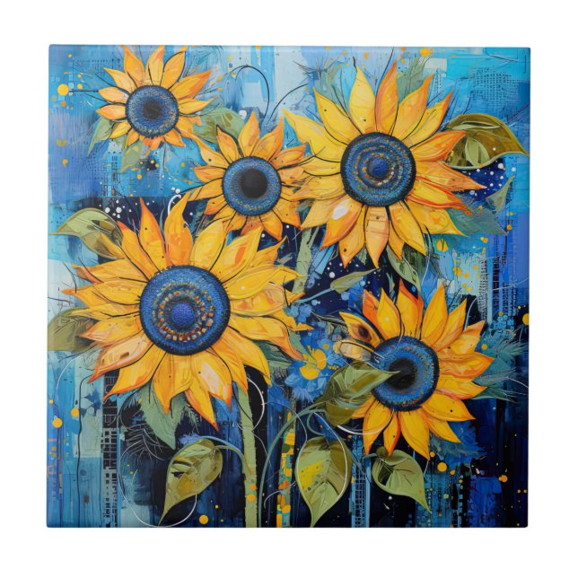 Sunflowers Wildflowers Flower Mixed Media Design Ceramic Tile (Front)