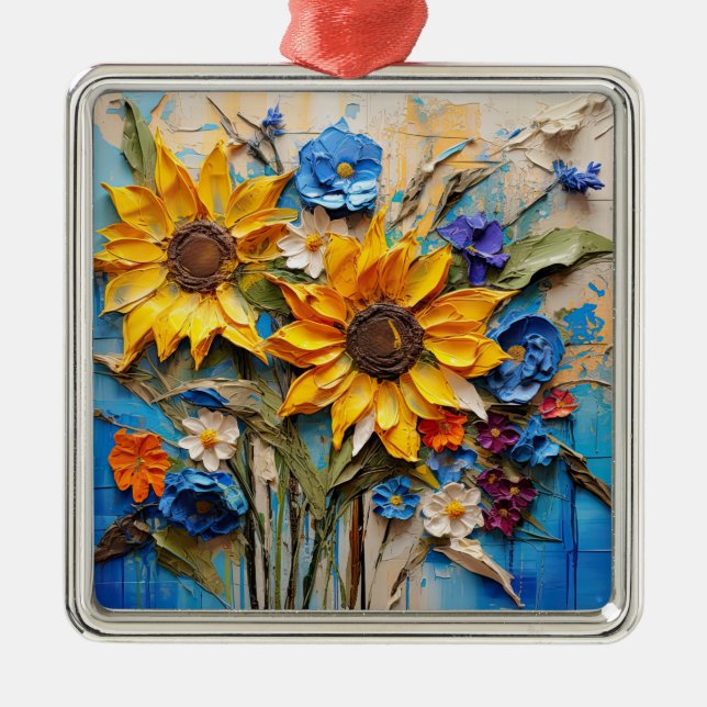 Sunflowers Wildflowers Flower Mixed Media Design Metal Ornament (Front)