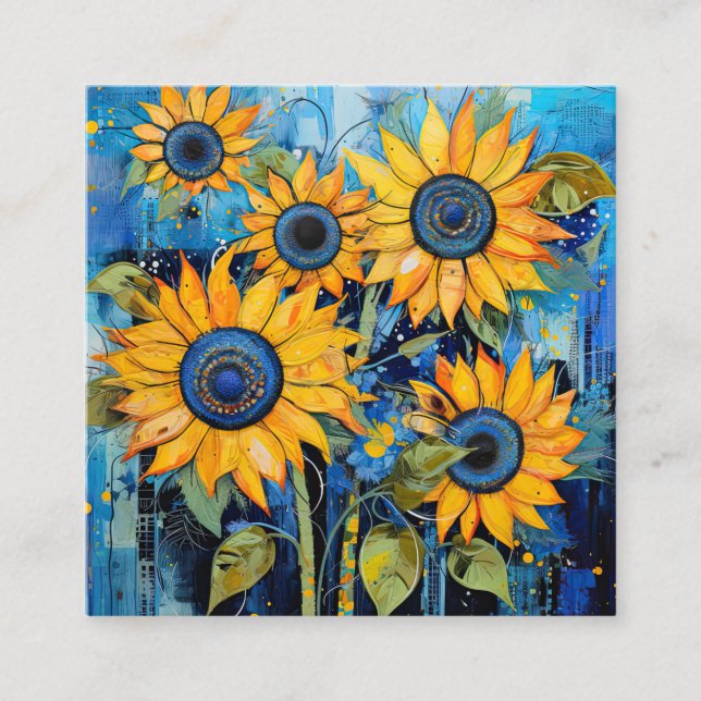 Sunflowers Wildflowers Flower Mixed Media Design Square Business Card (Front)