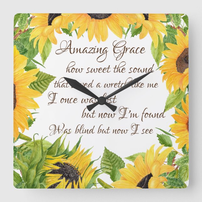 Sunflowers with Amazing Grace Hymn  Square Wall Clock (Front)