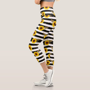 Sunflowers with Black and White Horizontal Lines Capri Leggings