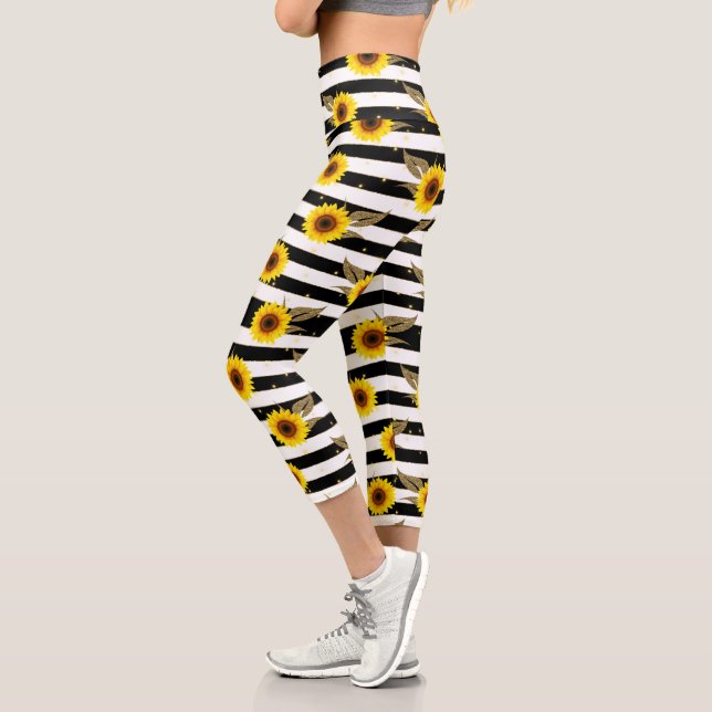 Sunflowers with Black and White Horizontal Lines Capri Leggings (Left)