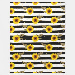 Sunflowers with Black and White Horizontal Lines Fleece Blanket