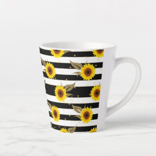 Sunflowers with Black and White Horizontal Lines Latte Mug