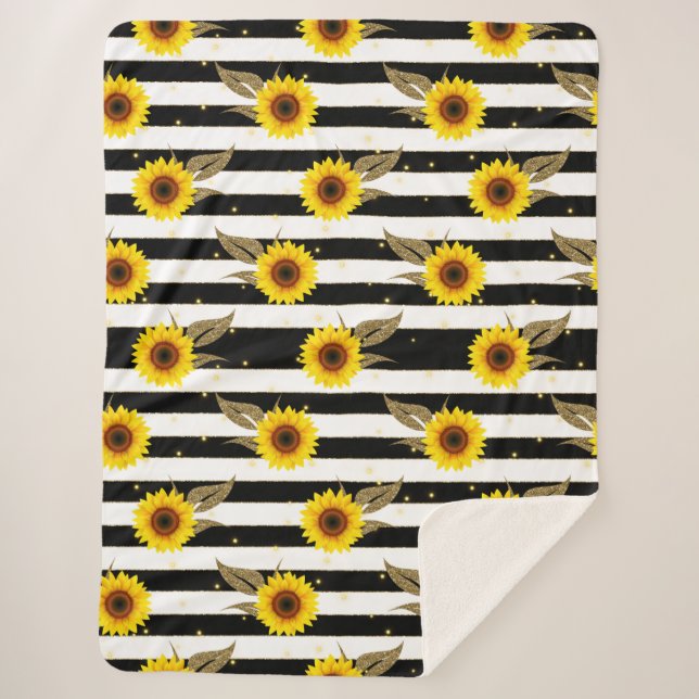 Sunflowers with Black and White Horizontal Lines Sherpa Blanket (Front)
