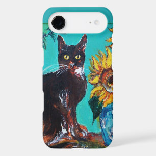 SUNFLOWERS WITH BLACK CAT IN BLUE TURQUOISE