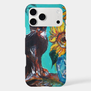 SUNFLOWERS WITH BLACK CAT IN BLUE TURQUOISE