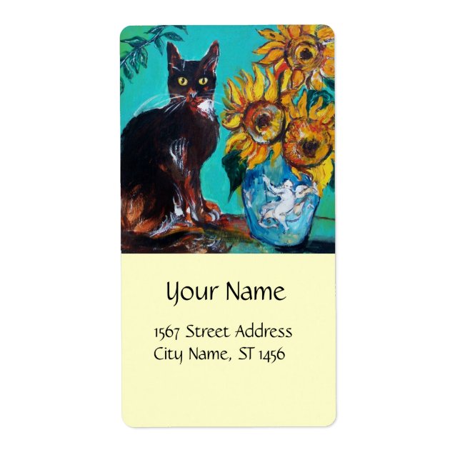 SUNFLOWERS WITH BLACK CAT IN BLUE TURQUOISE (Front)