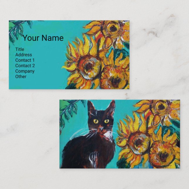 SUNFLOWERS WITH BLACK CAT IN BLUE TURQUOISE BUSINESS CARD (Front/Back)