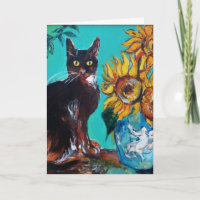 SUNFLOWERS WITH BLACK CAT IN BLUE TURQUOISE