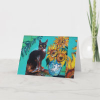 SUNFLOWERS WITH BLACK CAT IN BLUE TURQUOISE