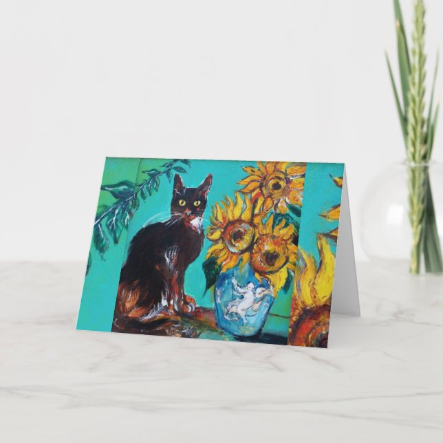 SUNFLOWERS WITH BLACK CAT IN BLUE TURQUOISE CARD (Front)