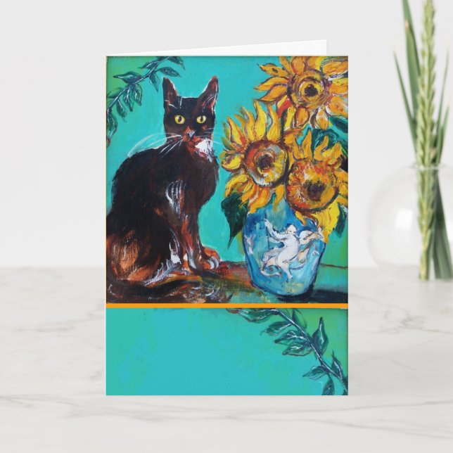 SUNFLOWERS WITH BLACK CAT IN BLUE TURQUOISE CARD (Front)