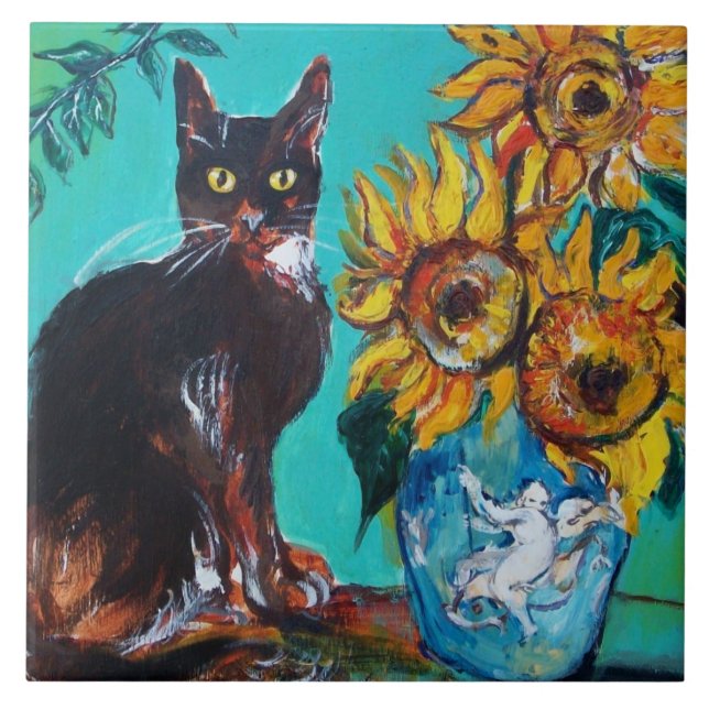 SUNFLOWERS WITH BLACK CAT IN BLUE TURQUOISE  CERAMIC TILE (Front)