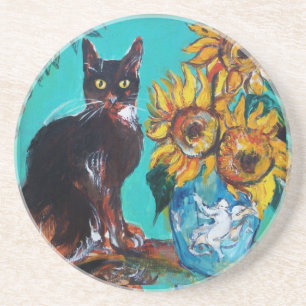 SUNFLOWERS WITH BLACK CAT IN BLUE TURQUOISE COASTER