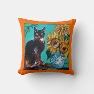 SUNFLOWERS WITH BLACK CAT IN BLUE TURQUOISE CUSHION