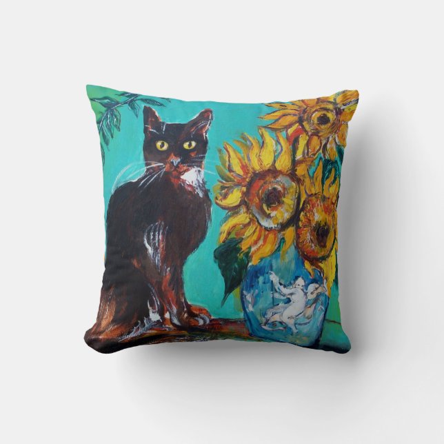 SUNFLOWERS WITH BLACK CAT IN BLUE TURQUOISE CUSHION (Front)