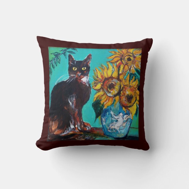 SUNFLOWERS WITH BLACK CAT IN BLUE TURQUOISE CUSHION (Front)