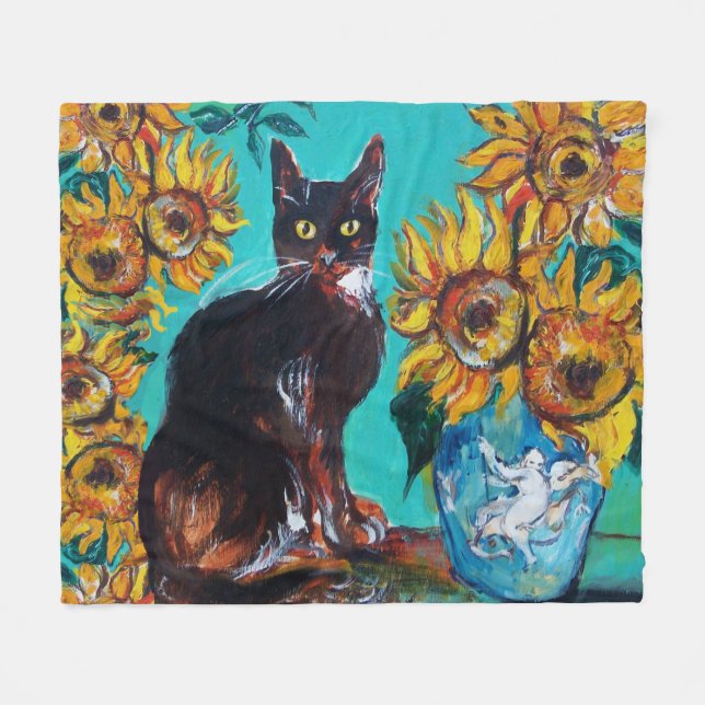 SUNFLOWERS WITH BLACK CAT IN BLUE TURQUOISE FLEECE BLANKET (Front (Horizontal))