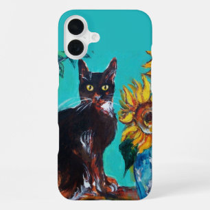 SUNFLOWERS WITH BLACK CAT IN BLUE TURQUOISE iPhone 16 PLUS CASE