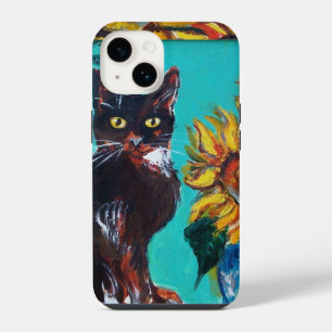 SUNFLOWERS WITH BLACK CAT IN BLUE TURQUOISE iPhone CASE
