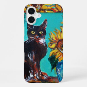 SUNFLOWERS WITH BLACK CAT IN BLUE TURQUOISE iPhone CASE