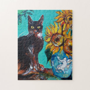 SUNFLOWERS WITH BLACK CAT IN BLUE TURQUOISE JIGSAW PUZZLE