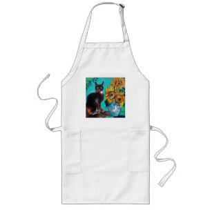 SUNFLOWERS WITH BLACK CAT IN BLUE TURQUOISE LONG APRON