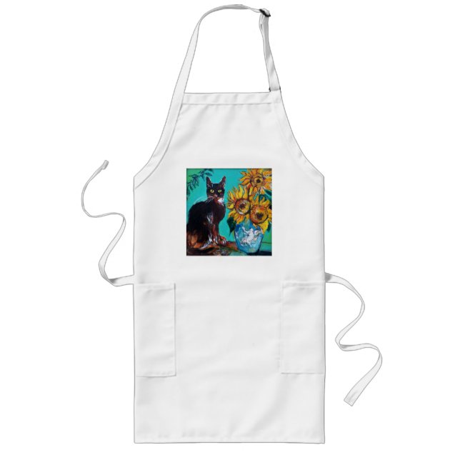 SUNFLOWERS WITH BLACK CAT IN BLUE TURQUOISE LONG APRON (Front)