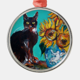 SUNFLOWERS WITH BLACK CAT IN BLUE TURQUOISE METAL ORNAMENT