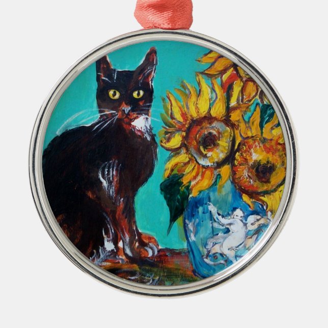 SUNFLOWERS WITH BLACK CAT IN BLUE TURQUOISE METAL ORNAMENT (Front)