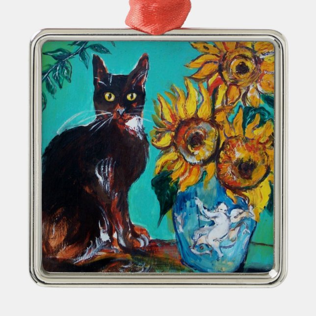SUNFLOWERS WITH BLACK CAT IN BLUE TURQUOISE METAL ORNAMENT (Front)