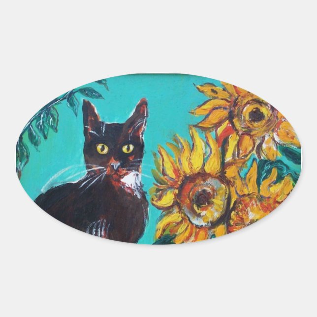 SUNFLOWERS WITH BLACK CAT IN BLUE TURQUOISE OVAL STICKER (Front)