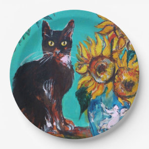 SUNFLOWERS WITH BLACK CAT IN BLUE TURQUOISE PAPER PLATE