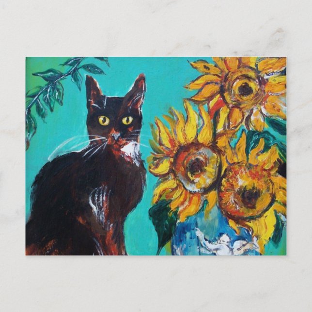 SUNFLOWERS WITH BLACK CAT IN BLUE TURQUOISE POSTCARD (Front)