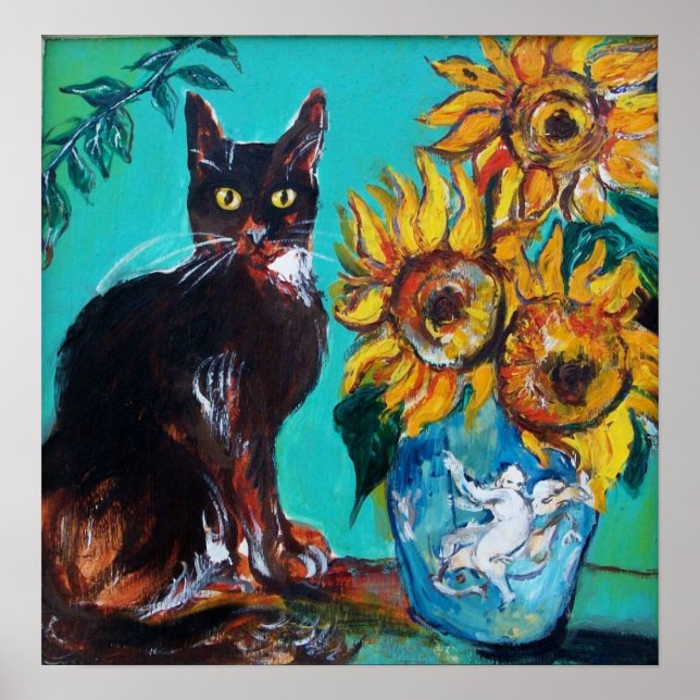 SUNFLOWERS WITH BLACK CAT IN BLUE TURQUOISE POSTER (Front)